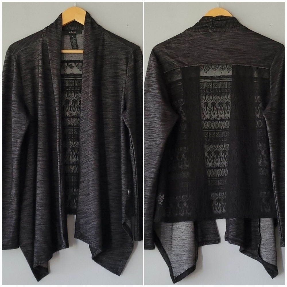 Style & Co Black Gray Marbled Long Sleeve Open Cardigan Womens Medium